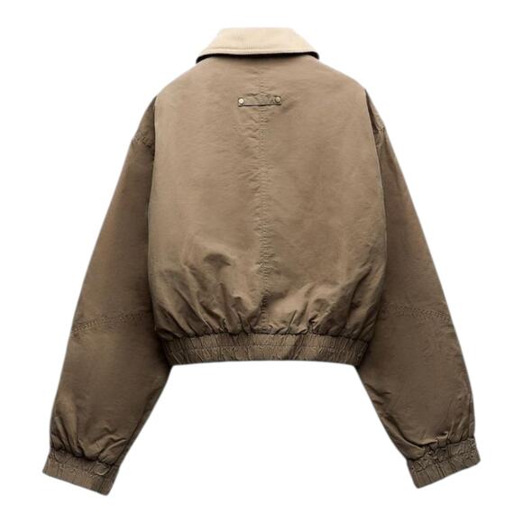 Zara Grungecore Waxed Bomber Jacket Women's size Medium Contrast Corduroy Collar - Picture 16 of 16